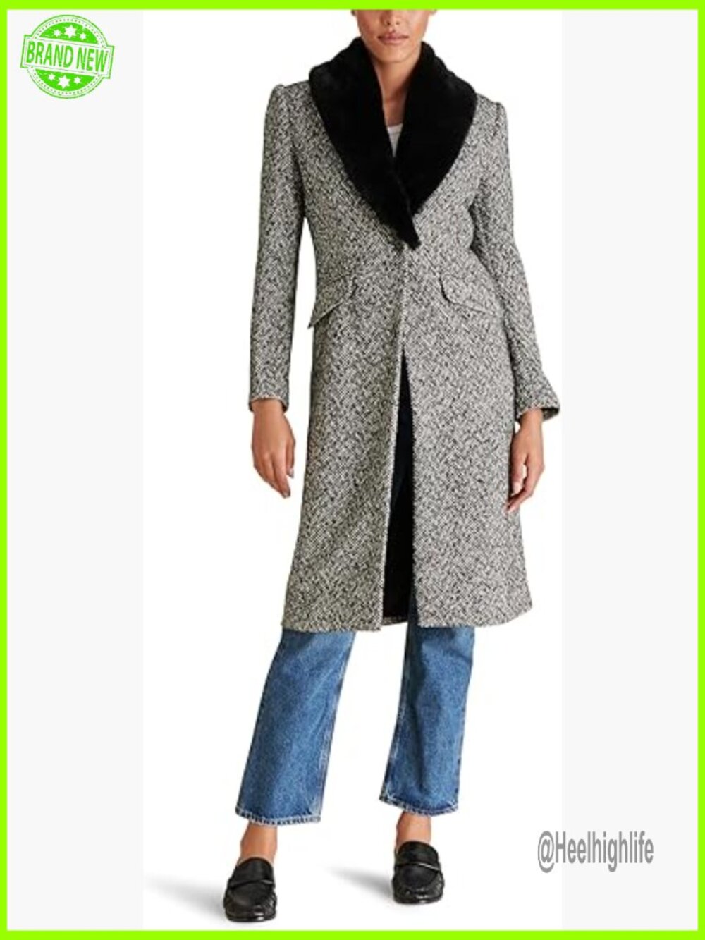 Faux Fur Collar Tweed Overcoat Long Sleeve Button Closure Fall Winter